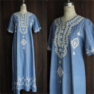 Vintage 1970s Caftan Dress, Blue Maxi Dress with White Embroidery, Traditional